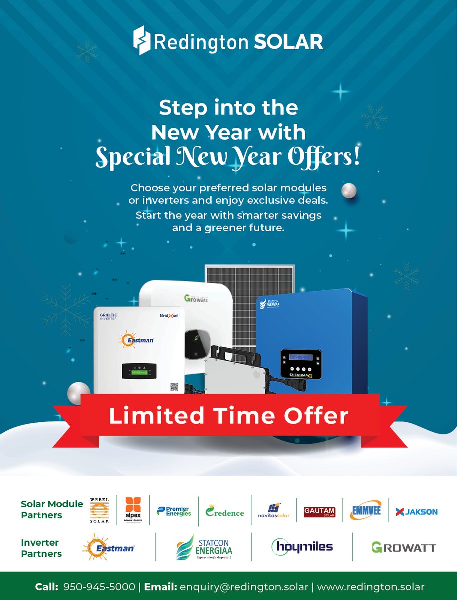 Redington_solar's tweet image. Step into 2025 with power-packed savings.
Exclusive New Year offers on top solar modules &amp;amp; inverters from Redington Solar.
Limited time only — plan smart, source better. 
#NewYearOffers #RedingtonSolar #SolarIndia #CleanEnergy