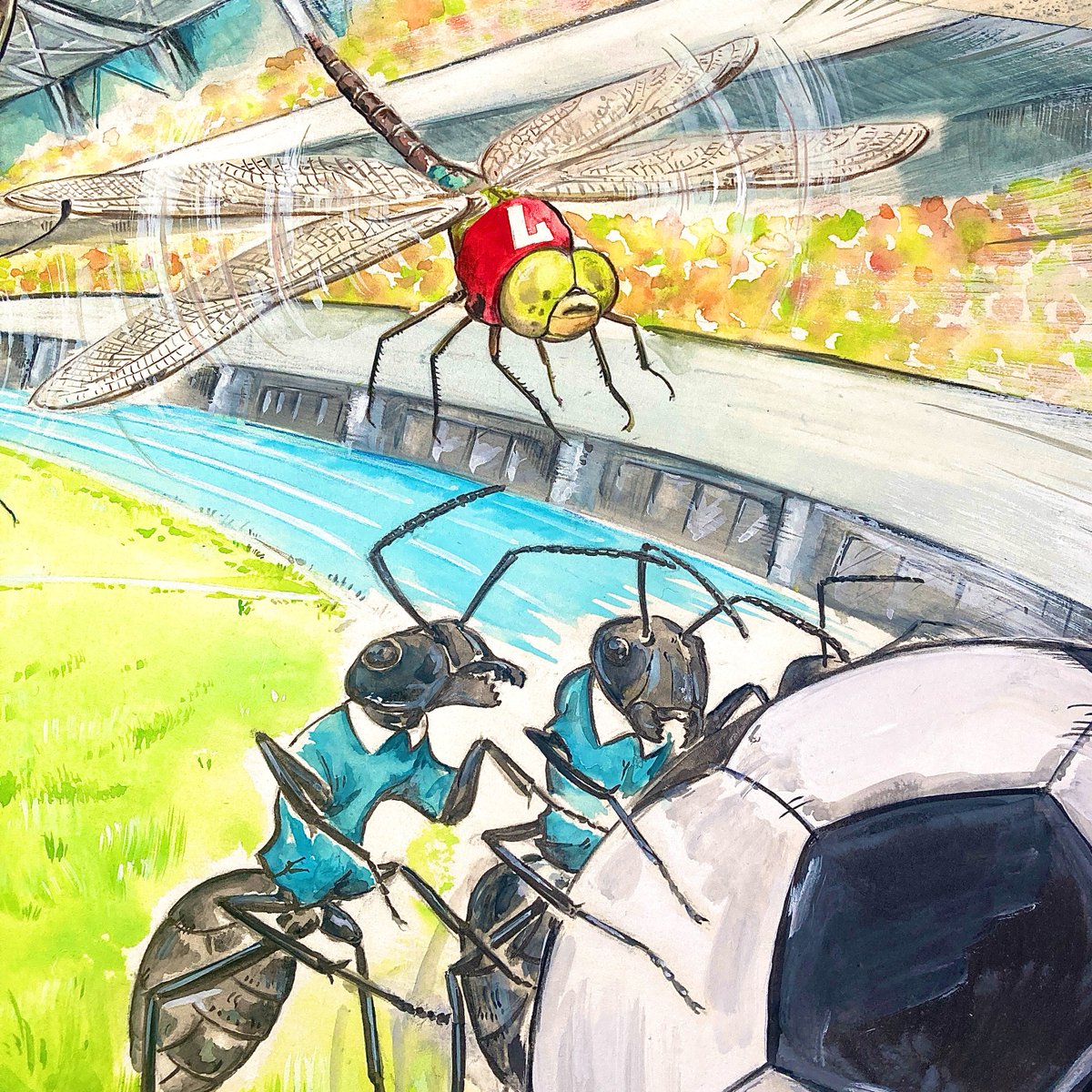 juekitaro's tweet image. アリがサッカーしてる絵を描いてるのですが、気づいたらめちゃハンドしてました。