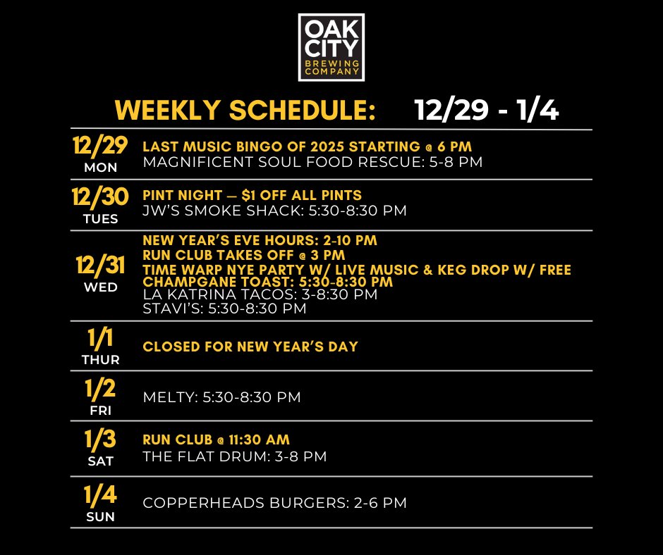 The schedule for the week, cheers! 🍻
.
#OakCityBrews #knightdale #raleigh #ncbrewery #foodtrucks #craftbeer #ncbeer #runclub #drinklocalnc