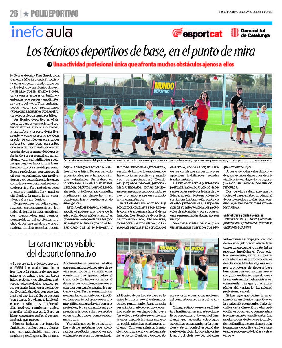 inefcat's tweet photo. 📰 MITJANS | Els tècnics esportius de base, protagonistes de l’INEFC Aula de @mundodeportivo

✍️ @DazaGabi i @xals66, professors de l'INEFC Barcelona, en són els autors.

ℹ️ https://t.co/eapjzllmrs

#SomINEFC #MitjansINEFC @esportcat https://t.co/YHe2FgyUHX
