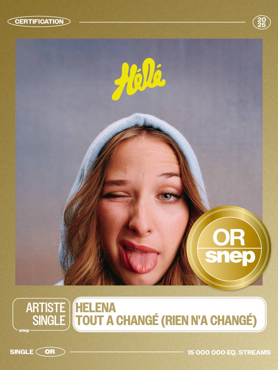 snep's tweet image. Le titre « Tout a changé (Rien n'a changé) » d’Helena est certifié Single Or ! 📀

15 000 000 équivalents streams 🎧

Bravo ! 👏