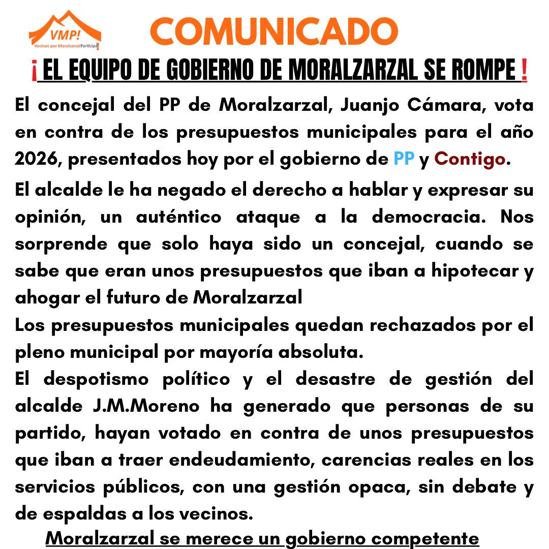 📣 COMUNICADO

Pleno de presupuestos 2026.

Quedan rechazados los presupuestos con el voto en contra de la oposición y un concejal del gobierno, en una clara muestra de división interna, y con una nueva muestra de despotismo del alcalde José María Moreno 

#DesastreMoreno
