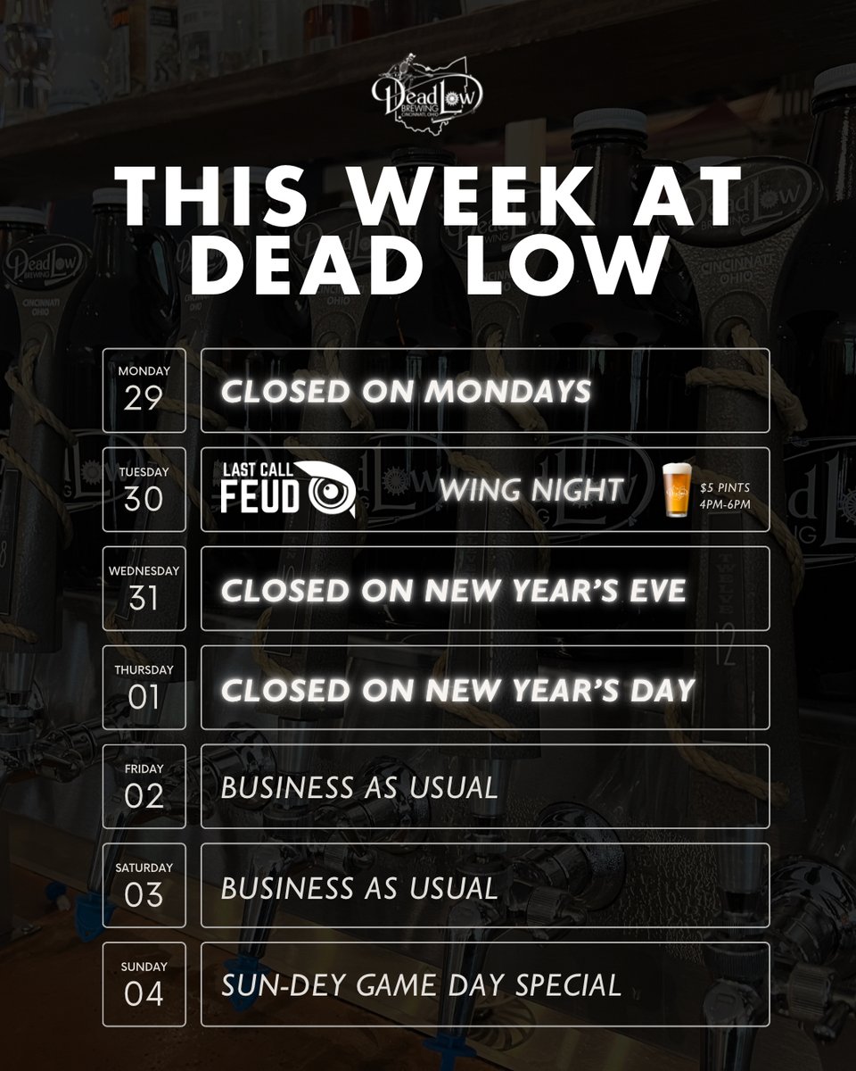 This week at Dead Low Brewing! 

Reminder: We will be closed New Year’s Eve &amp; New Year’s Day