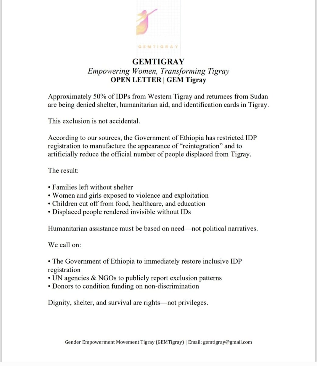 Humanitarian assistance must be based on need—not political narratives.

We call on:

• The Government of Ethiopia to immediately restore inclusive IDP registration
• UN agencies &amp; NGOs to publicly report exclusion patterns

#Tigray #IDPs #HumanitarianAccess #StopIDPExclusion