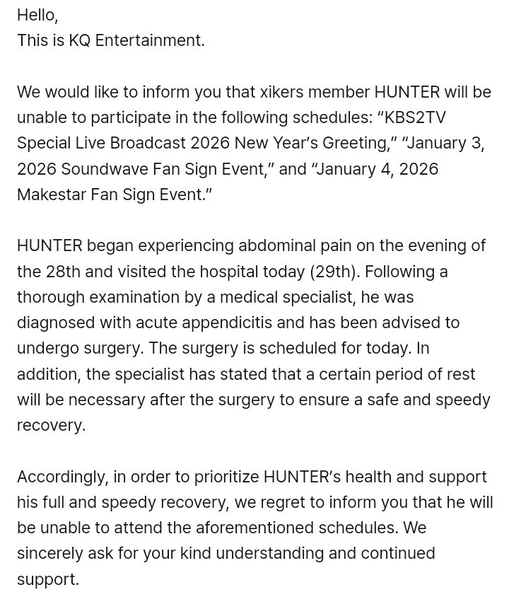 ArulChikal63065's tweet photo. Hunter won't be able to participate on any new year/first week of January 2026 activities.
Get well soon our Hunter, I hope for your speedy recovery!❤️‍🩹

#HUNTER #싸이커스 #xikers https://t.co/U8rxWLvvVV