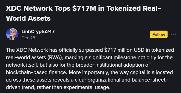 🚨 Breaking News

$XDC tokenizes $717M+ in RWA, led by USDC-based private credit — real institutional capital, not experiments.

Blockchain as financial infrastructure is here.
🔗 binance.com/en/square/post… #XDC #RWA #BreakingNews #TradeFi