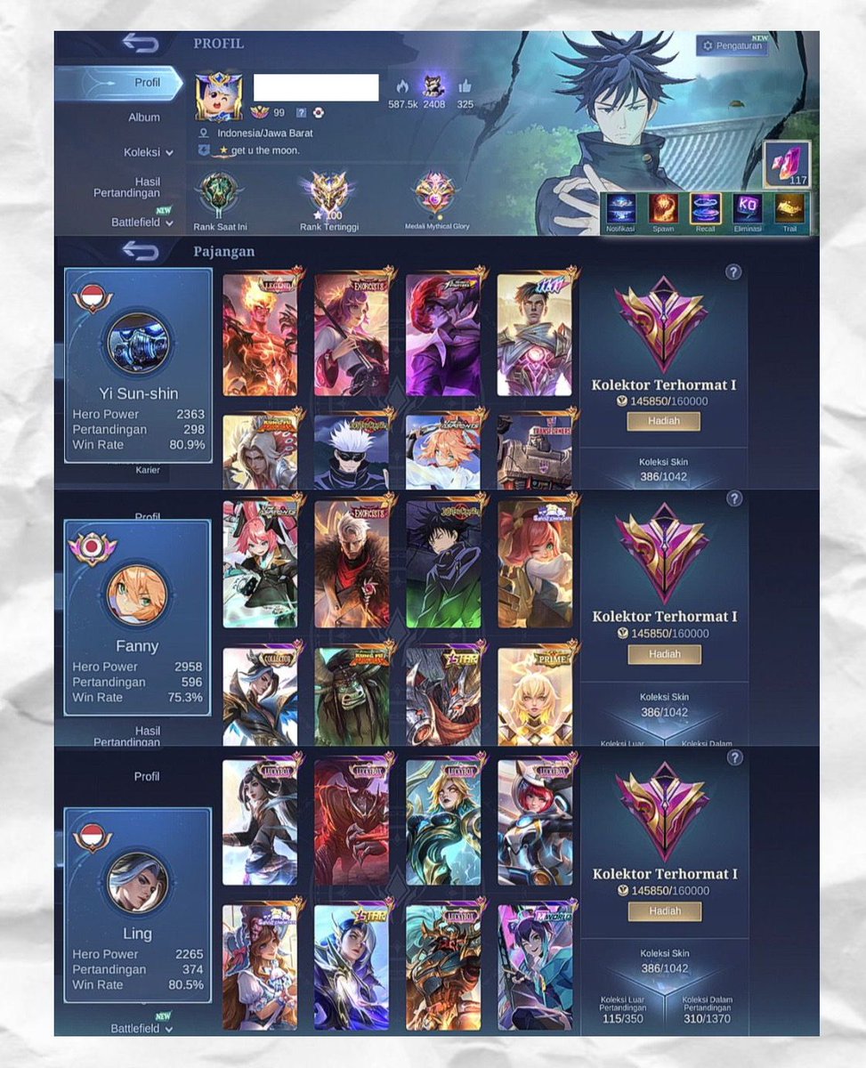 Ryuiinite's tweet image. WTS WTB AKUN ML 
LING CC
FANNY ASPIRANT
GOJO
MEGUMI
LING PANDA
GUSIN 11 11
CHOU KOF
YU ZHONG EXORCIST 

price: 1,4
REFFPLAYER ✅
REKBER
COD SURABAYA / JAKARTA