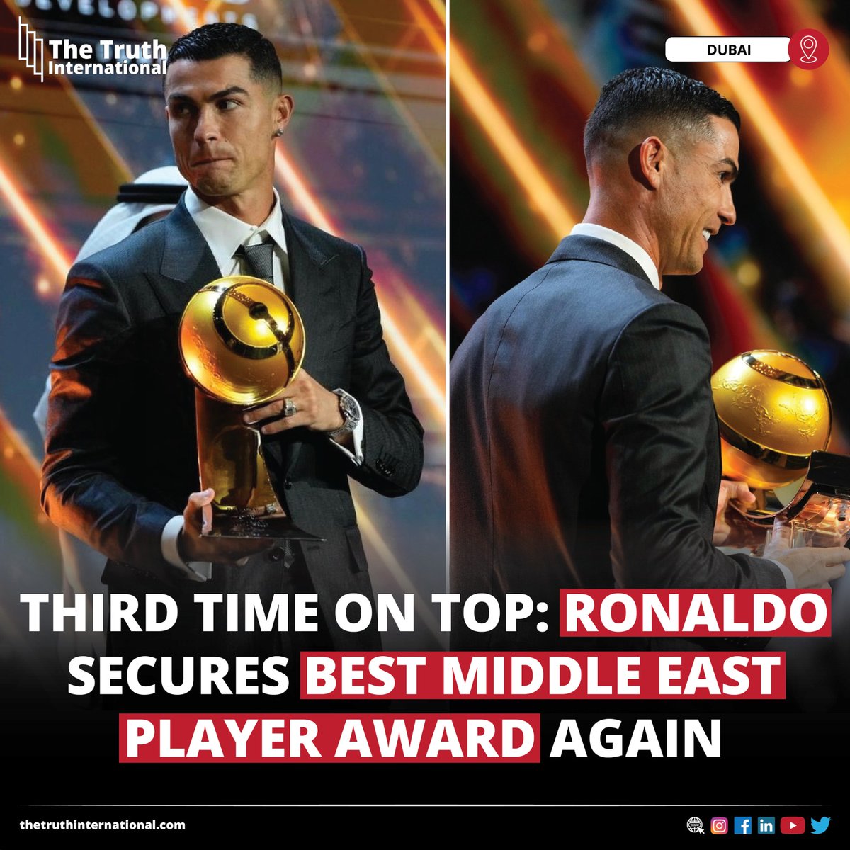 ttimagazine's tweet image. Third Time on Top: Ronaldo Secures Best Middle East Player Award Again

READ MORE: thetruthinternational.com/third-time-on-…

#ThirdTime #Top #CristianoRonaldo #Secures #MiddleEast #Player #Award #Dubai #TTI