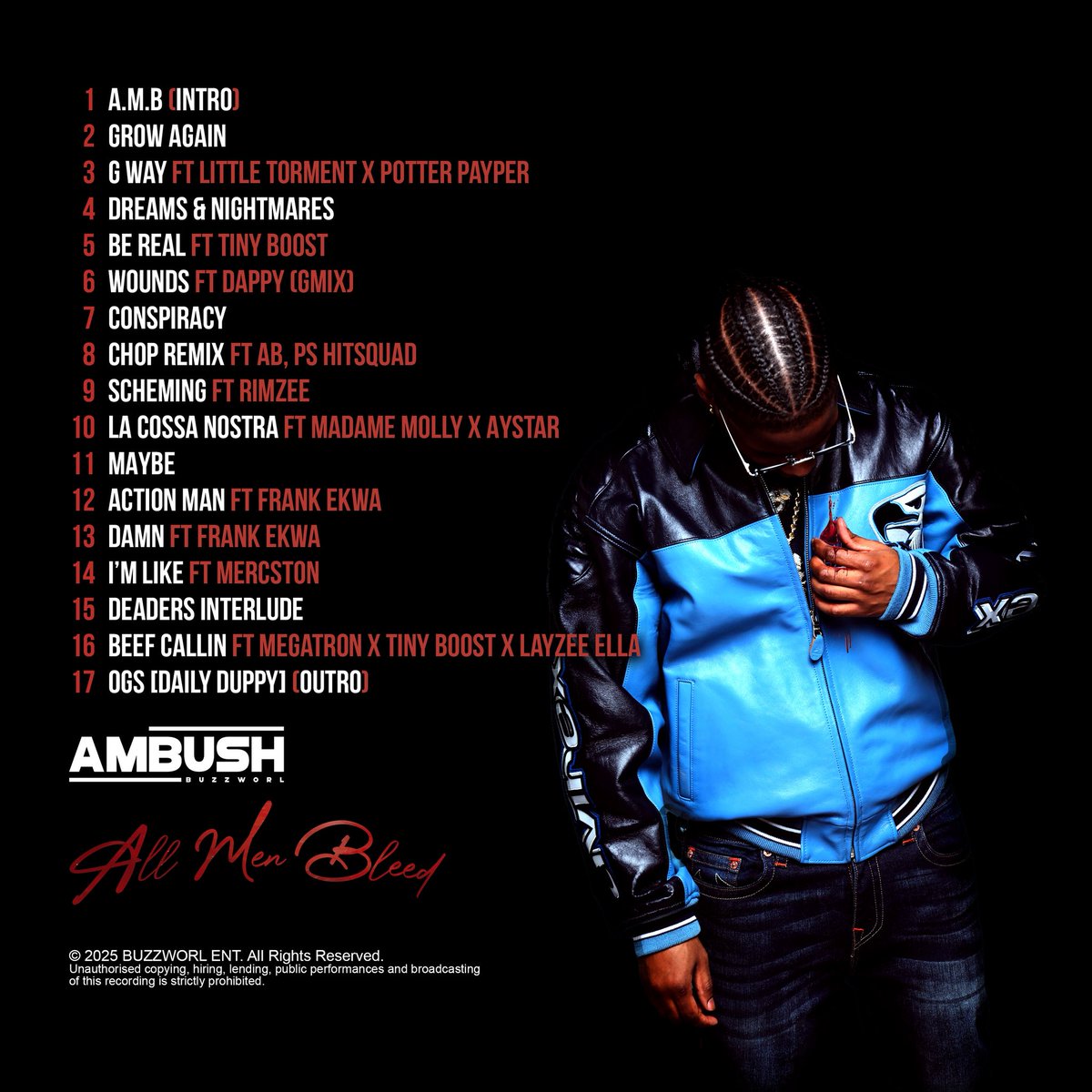 UKRapDaily's tweet image. AMBUSH

NEW ALBUM

‘ALL MEN BLEED’

JANUARY 30TH 🚨