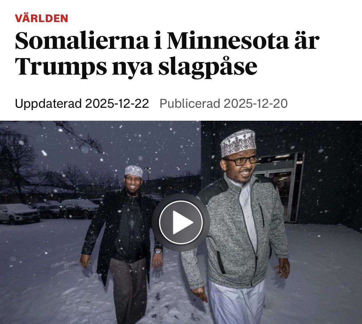 Bedrägerier på 100-tals miljoner på ljusa dan av Somaliska kriminella upptäcks i Minnesota där guvernören <a href="/Tim_Walz/">Tim Walz</a> byter 100 000 röster mot att förbise problemet. Dokumentären av <a href="/nickshirleyy/">Nick shirley</a> får 100-miljontals visningar. Inte SVT eller en enda av svenska massmedierna