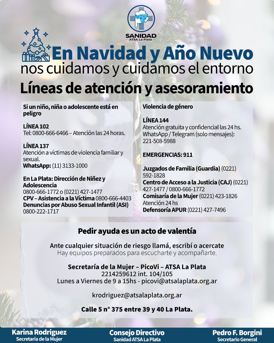 📣Durante las Fiestas, aumentan las situaciones de violencia de género y violencia hacia niños, niñas y adolescentes.⚠️No mires para otro lado⚠️
👉Pedir ayuda puede salvar vidas.
#NavidadSinViolencia #AñoNuevodeBuenosTratos #SanidadATSALaPlata #SiempreJuntoAvos