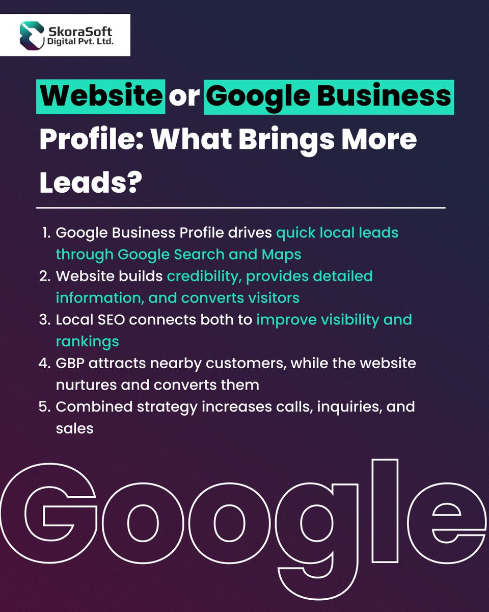 SkoraSoft's tweet photo. Website or Google Business Profile—what brings more leads?
Quick local visibility comes from GBP, while websites build trust and conversions. The real win? Using both together for maximum growth.

#LocalSEO #GoogleBusinessProfile #DigitalMarketing #LeadGeneration #BusinessTips https://t.co/F2lLwlXsvd