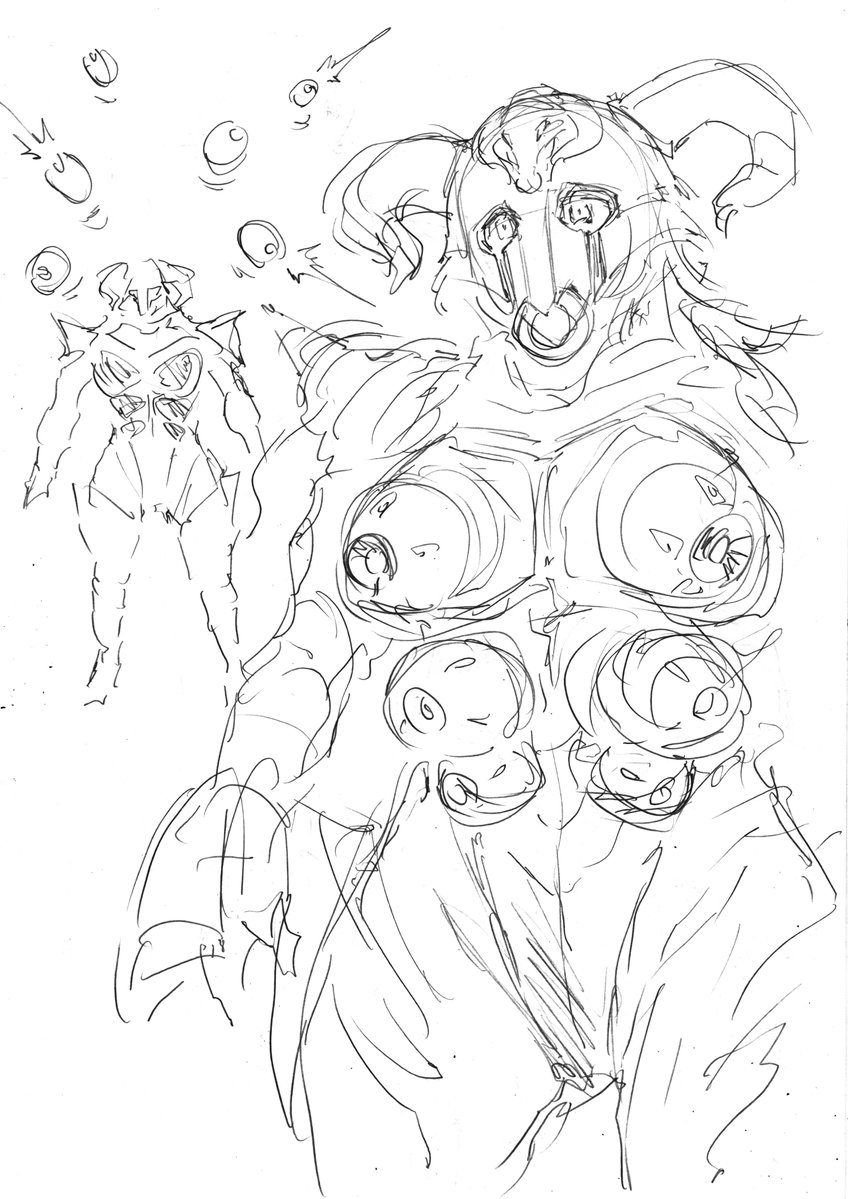 ボツキャラ。
複乳牛女怪人キャラアイデアラフ。 