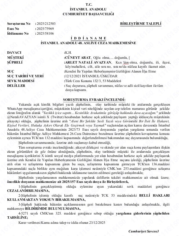 İstanbul Anadolu 48. Asliye Ceza Mahkemesi’nin bulunduğu suç duyurusuna ilişkin, kendisiyle yaptığım haberleşmenin gizliliğini alenen ifşa etmesi gerekçesiyle Arlet Natali Avazyan adlı şahsın hakkında İstanbul Anadolu Cumhuriyet Başsavcılığı tarafından ek iddianame yazıldı.