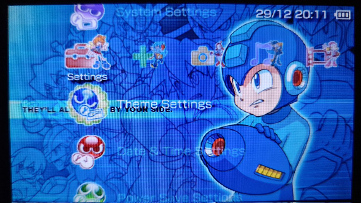 averagestatpat's tweet image. I just remembered you can apply a theme and then change the background, and it'll keep the icons from said theme

So I'm rocking the Puyo 7 theme with the Rockman Day wallpaper I had in 2011 lol
