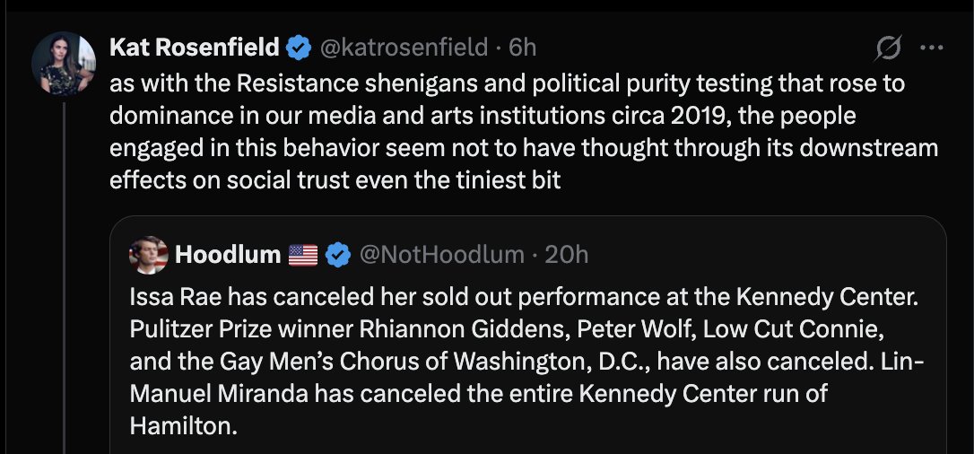 awprokop's tweet image. Perfect embodiment of the Free Press ethos here.

Sure Trump illegally put his name on the Kennedy Center, purged the board, is making it a politicized personal platform like no other president, but the *real* problem is some arts people now don't want to perform there anymore