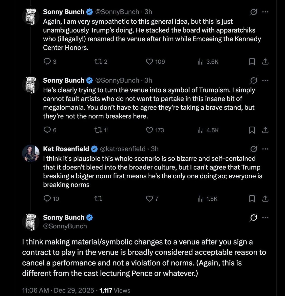 awprokop's tweet image. Perfect embodiment of the Free Press ethos here.

Sure Trump illegally put his name on the Kennedy Center, purged the board, is making it a politicized personal platform like no other president, but the *real* problem is some arts people now don't want to perform there anymore