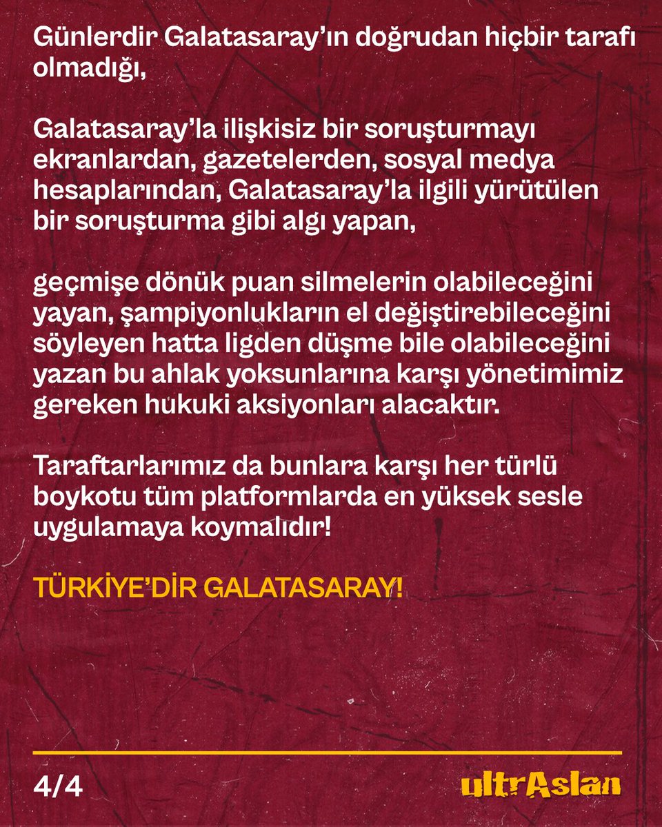 #GalatasarayTekSizHepiniz

Bir süredir gündemde sıcaklığını koruyan operasyonlarla ilgili olarak savcılığın şeffaf, doğru ve eksiksiz şekilde soruşturmayı yürütmesinin önemini defalarca vurguladık. 

Bu yüzden iddialara değil, sonuçlara odaklandık, hiçbir iddia üstünden kimseyle