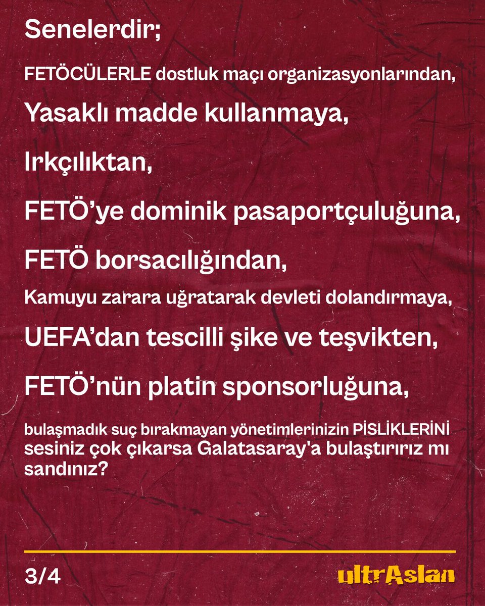 ultrAslan's tweet image. #GalatasarayTekSizHepiniz

Bir süredir gündemde sıcaklığını koruyan operasyonlarla ilgili olarak savcılığın şeffaf, doğru ve eksiksiz şekilde soruşturmayı yürütmesinin önemini defalarca vurguladık. 

Bu yüzden iddialara değil, sonuçlara odaklandık, hiçbir iddia üstünden kimseyle…