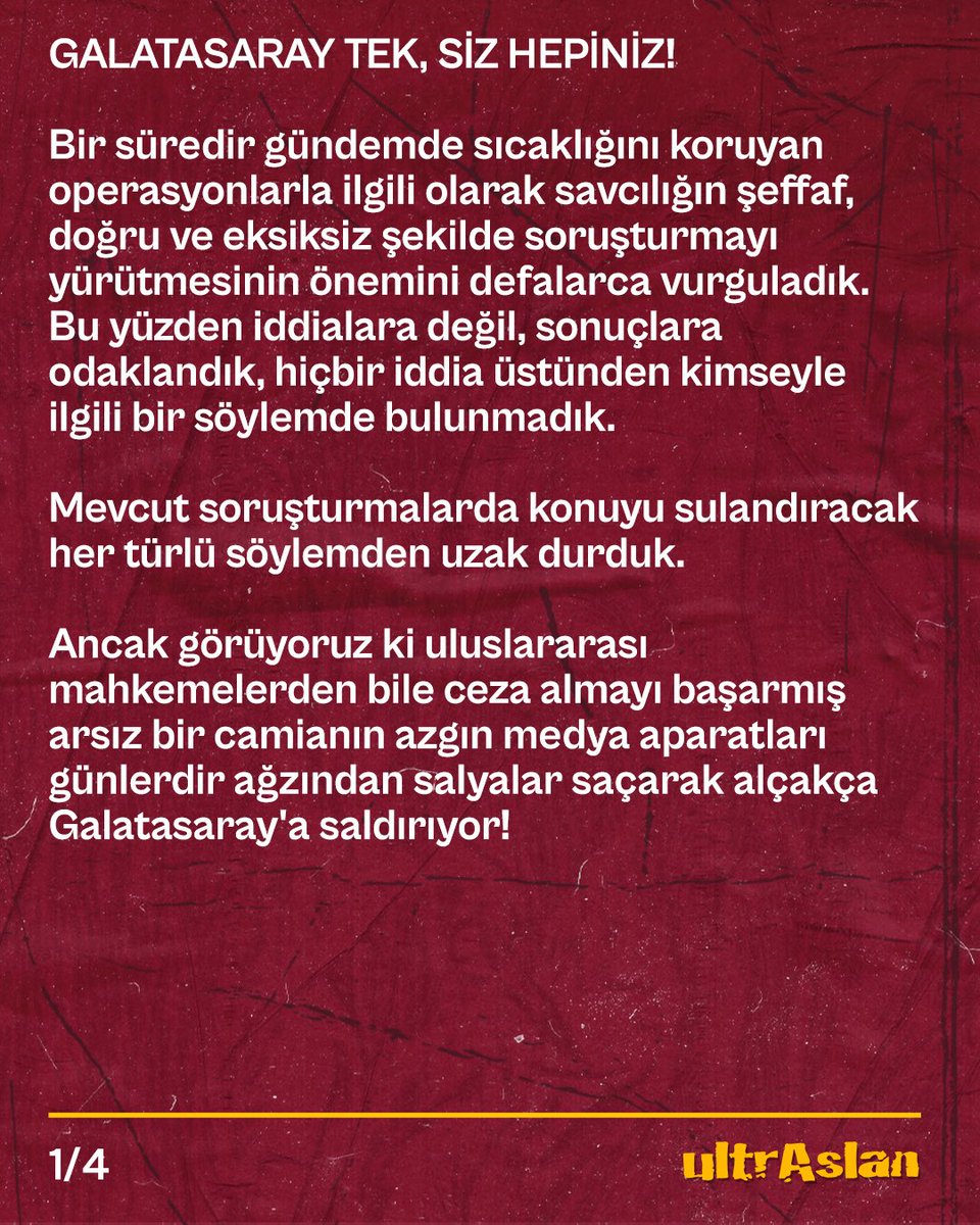 ultrAslan's tweet image. #GalatasarayTekSizHepiniz

Bir süredir gündemde sıcaklığını koruyan operasyonlarla ilgili olarak savcılığın şeffaf, doğru ve eksiksiz şekilde soruşturmayı yürütmesinin önemini defalarca vurguladık. 

Bu yüzden iddialara değil, sonuçlara odaklandık, hiçbir iddia üstünden kimseyle…