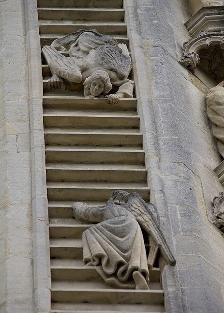 The famous "Jacob's Ladder" carvings on the west front of Bath Abbey in Bath, England.