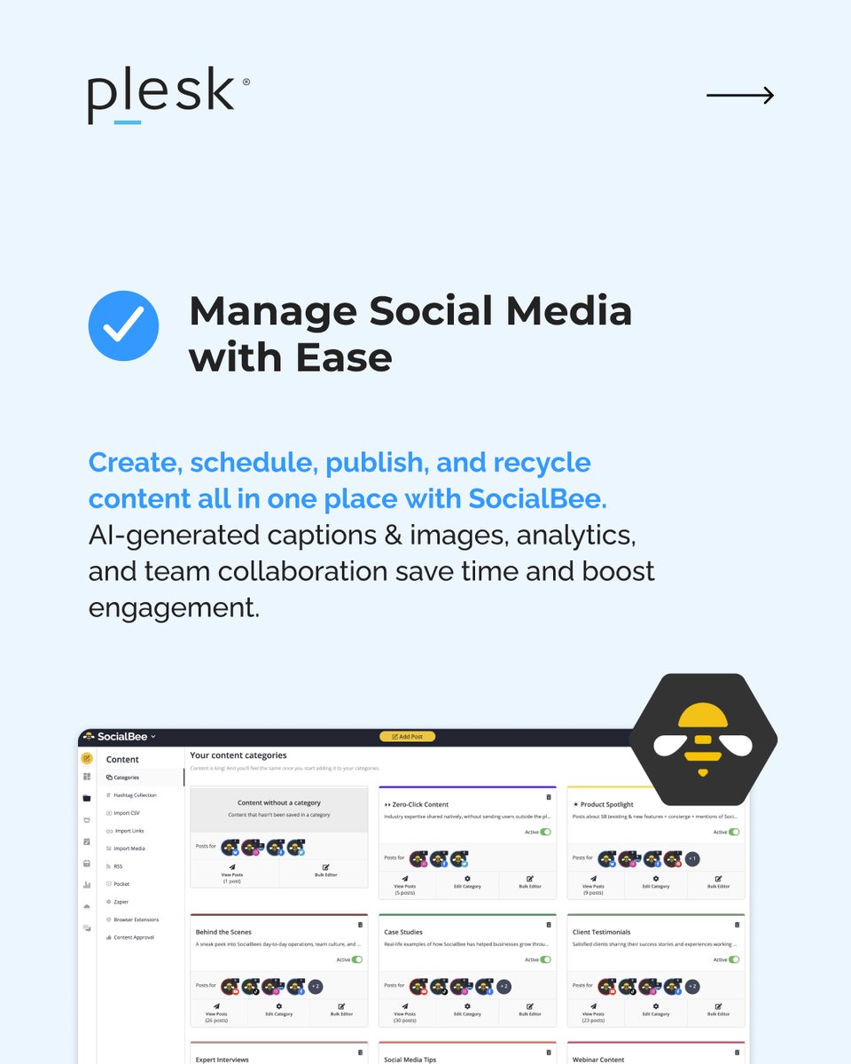 Plesk's tweet image. Hit Q1 2026 running! Plesk helps SMBs, freelancers, &amp;amp; agencies reach their goals: 
🔸SocialBee: AI social media management
🔸SiteJet Builder: Instant website creation
🔸WP Toolkit: WordPress automation
🔸SEO Toolkit: SEO optimization

b.link/q8i28nxc