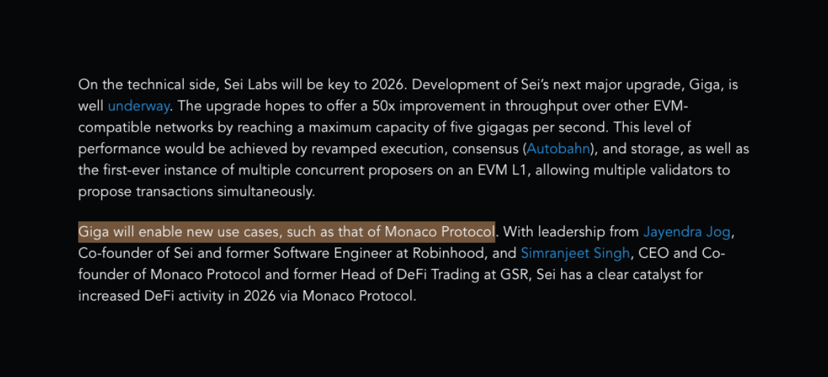 andrewmoh's tweet photo. Ethereum sets the EVM standard.

But @SeiNetwork refines the high-performance EVM basis.

According to the report of The 2026 Annual Theses, the 2026 outlook on Sei relies on these pillars:

+ DeFi on Sei is strongly affected by the key players including native USDC, integration with @Backpack and @MetaMask

+ Technical side with Sei GIGA - the key thing that differs Sei against other EVMs, allowing Sei to handle super large trades

And if you want to experience the very first use case of Sei GIGA, then @monacotrading should be the candidate.

Note that Monaco is built by the experienced founders who come from leading exchanges like Robinhood and GSR.

High-performance EVM moves faster on Sei.
