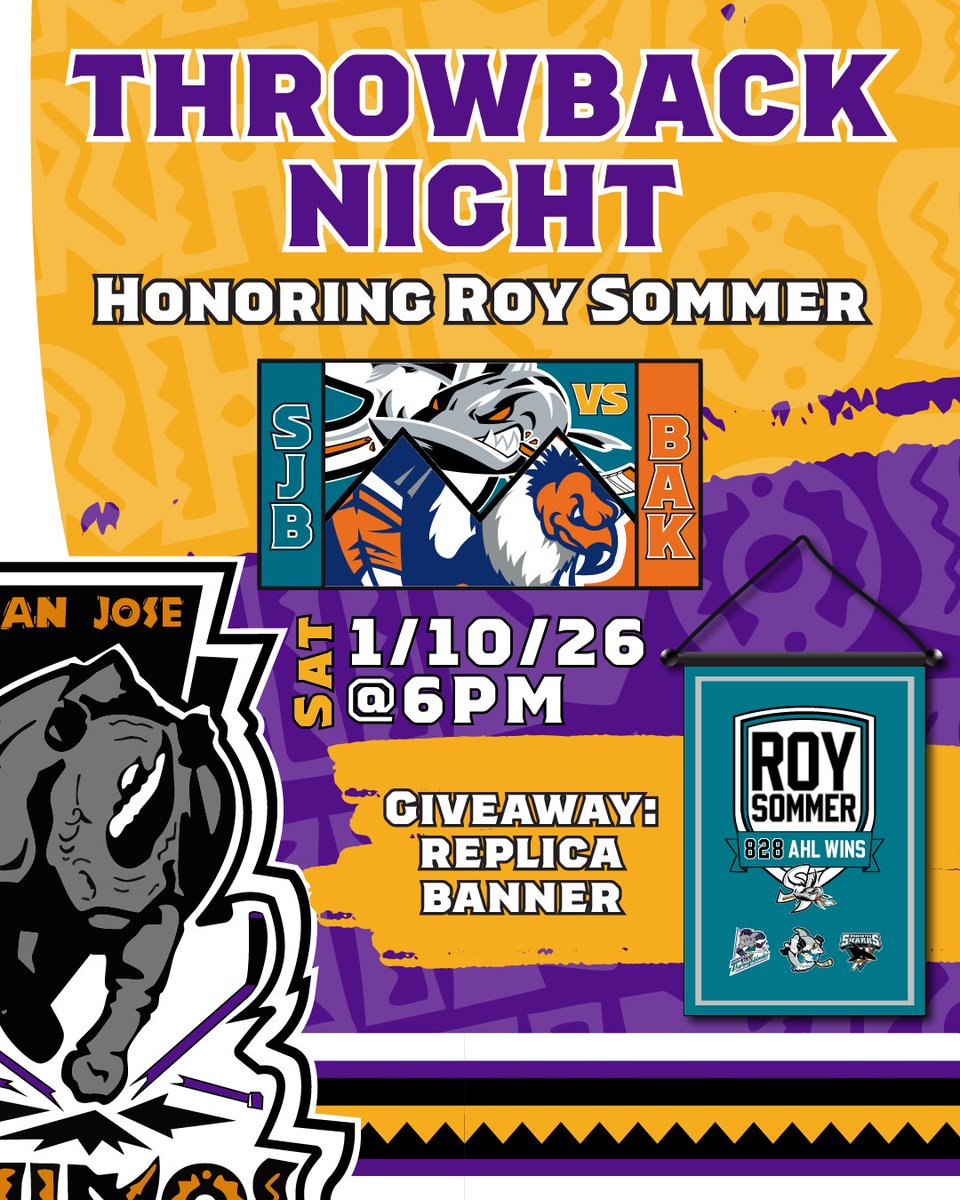 sjbarracuda's tweet image. Throwback Night honoring Roy Sommer👏

A special theme night featuring  Roy Sommer's banner raising, a replica banner giveaway, and a rebrand as the San Jose Rhinos🦏

🎟️:cutt.ly/2tp4r8Z9
