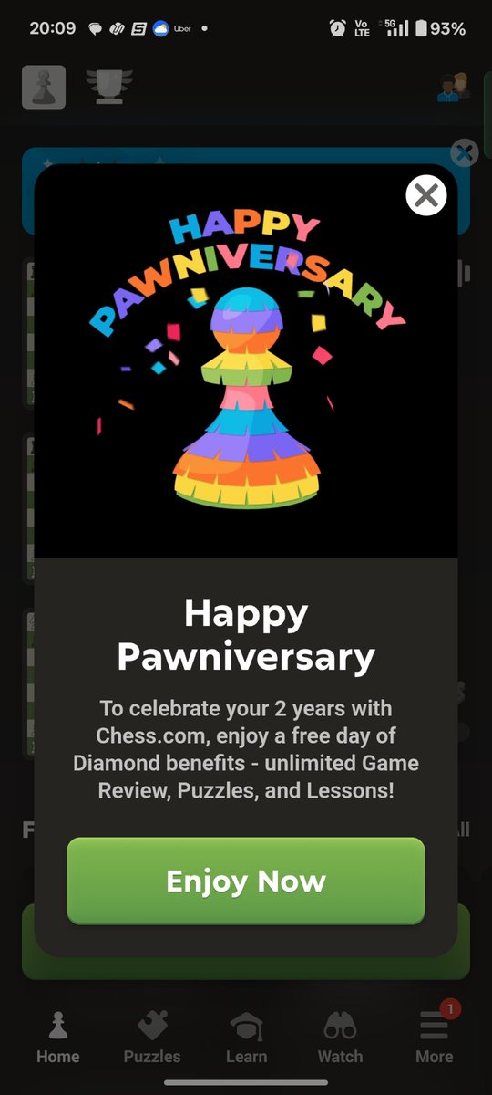 Chess.com gives a free day of Diamond membership benefits (i.e., all features fully unlocked) on our anniversary on the platform, completing years since registration. Delighted with it, might have missed last year's. 
Headed to more Puzzles and Lessons. 😀