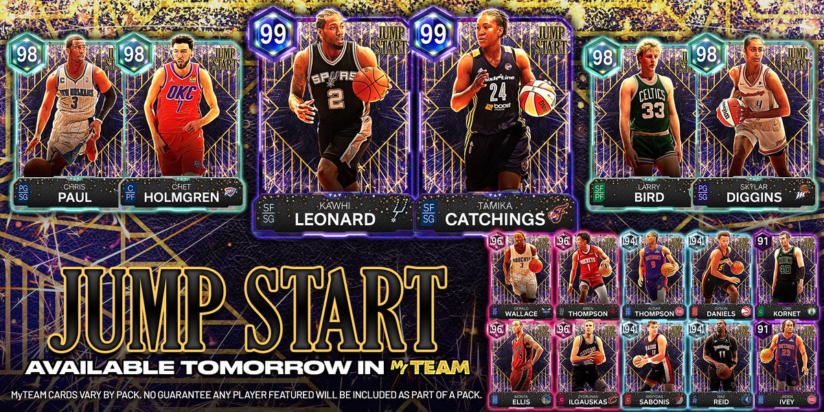 NBA2KMyTEAM's tweet image. The first pack drop of 2026 is here to set the bar… 🌟
Jump Start your year with the Jump Start Pack in MyTEAM ⏩🏀

Featuring:
🌌 Dark Matter Kawhi Leonard
🌌 Dark Matter Tamika Catchings
💫 Galaxy Opal Chet Holmgren
💫 Galaxy Opal Larry Bird
☄️ Pink Diamond Amen Thompson
☄️…