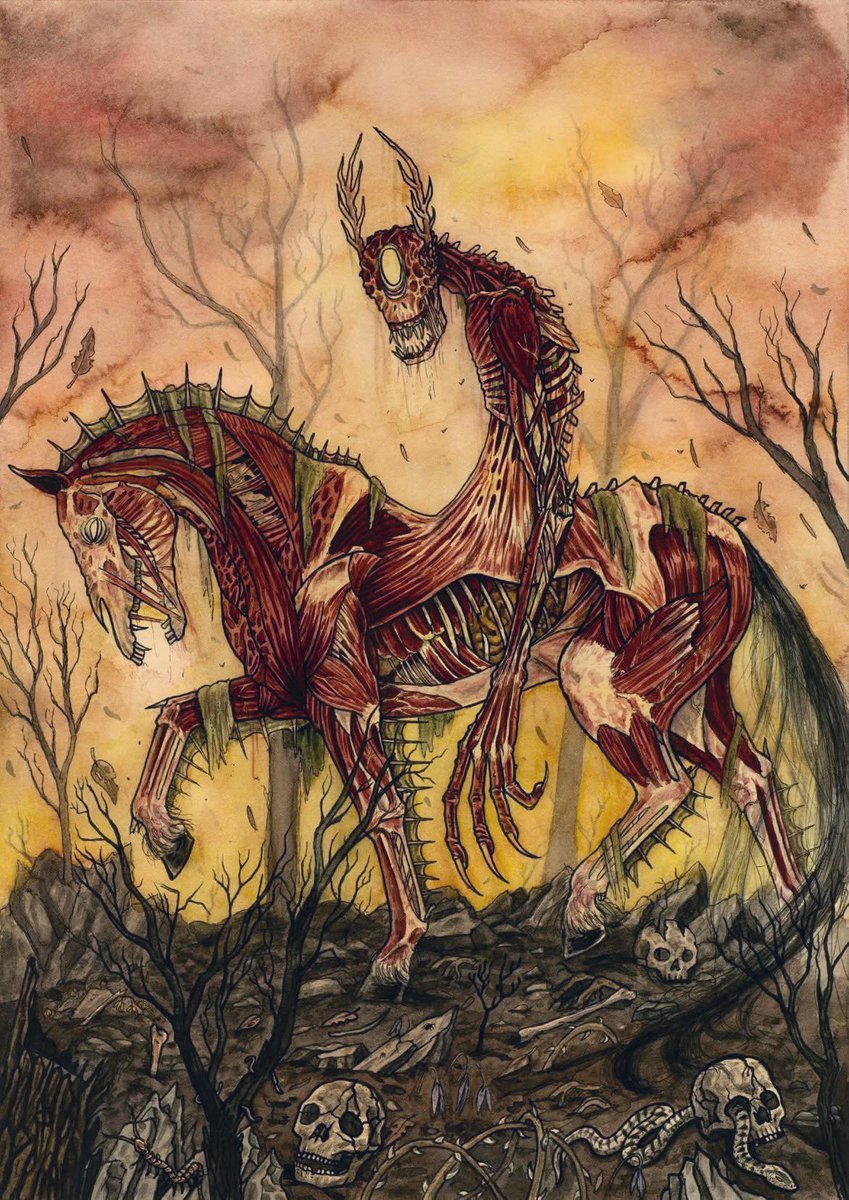 BluebellRaven's tweet image. The Nuckelavee is one of the most terrifying figures in Scottish folklore, feared as a bringer of disease, famine, and misfortune. 

From a distance it appears to be a horse with a rider, but in truth it is a single fused creature. 

Its presence alone is said to wither crops and…