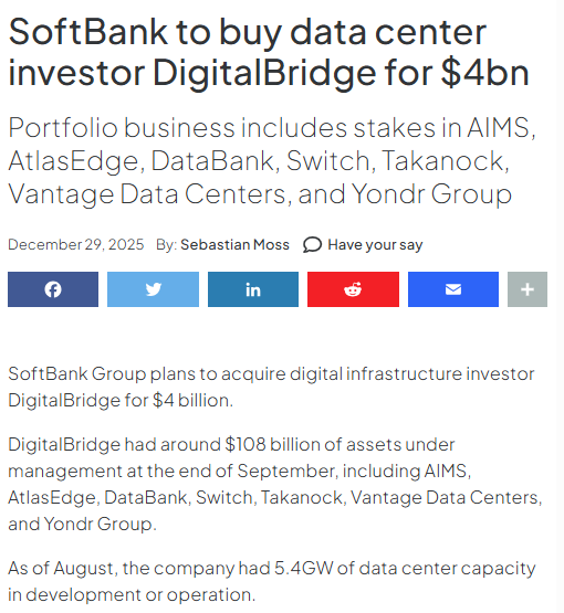 SoftBank just announced their acquisition of DigitalBridge for $4 billion in cash. (DigitalBridge has a vast portfolio of data centers, towers, and fiber infra)

Looks like a strategic vertical integration move. My theory is that Masayoshi Son is betting that by owning these