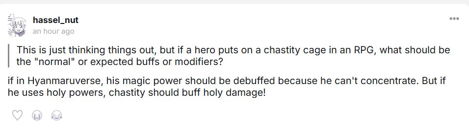 tellonym.me/hassel_nut

need a open world rpg where your character can be chad, bull or cuck according to what you wear