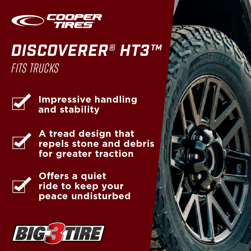Cooper Tires Discover HT3 are sturdy tires that provide your working vehicle with tough reliability. Resistant to weather and wear, they are perfect tires for trucks and vans. Get yours at the nearest Big 3 Tire dealer today.

#mrtire #big3tire #tire #tireshop #levelplayingfield