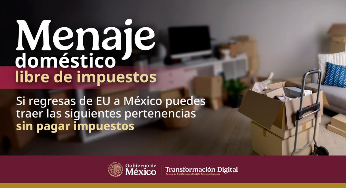 AgenciaGobMX's tweet photo. Si regresas a México desde Estados Unidos y quieres traer tus muebles y herramientas de trabajo, haz el trámite de menaje doméstico:

Es gratuito, accesible y en línea https://t.co/Tis9mcyK8I
Respuesta inmediata

Solo hay dos requisitos:
-Comprobante de nacionalidad mexicana
-Listado de objetos a ingresar

Si tienes dudas marca a cualquier hora: 
520 623 7874  desde Estados Unidos 
079 desde México

Te compartimos la lista de pertenencias que puedes ingresar 👇