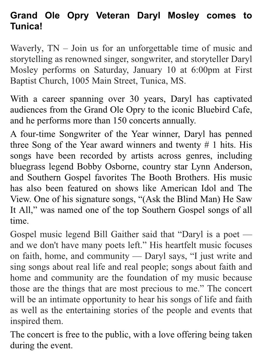 FBCTunicaMS's tweet photo. Daryl Mosley is coming back to town… https://t.co/ZmDLGlI0St