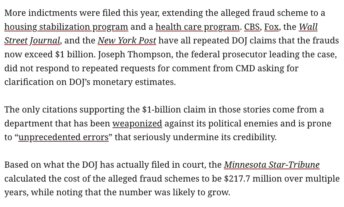 ddayen's tweet image. Got a new one from @matthewccook5 and our friends at @exposedbycmd on the rather credulous reporting pushing the Minnesota benefit fraud scandals, and the blanket statements associating all Somalians with this thievery.
prospect.org/2025/12/29/cor…