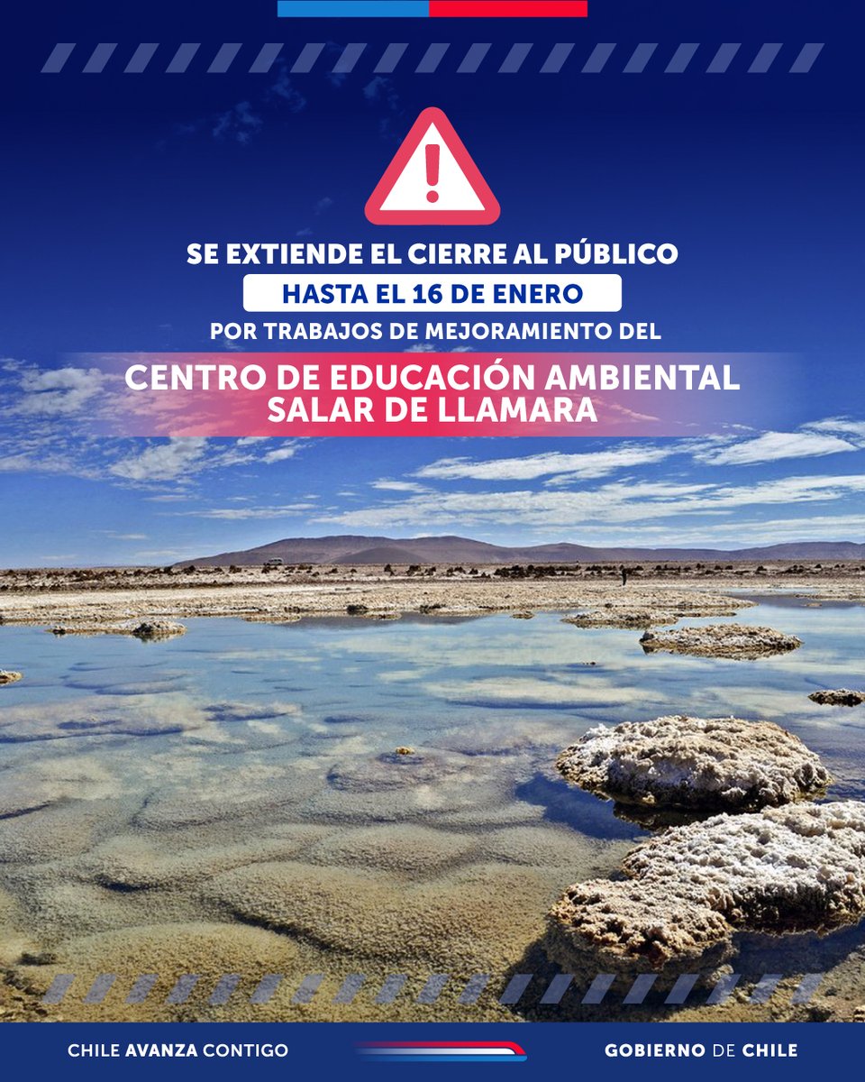 ⛔️ #IMPORTANTE | Hasta el 16 de enero se extendió el cierre al público del Centro de Educación Ambiental (CEDAM) del #SalardeLlamara por labores de mejoramiento 🚧

✅ Se están realizando mejoras al sistema de agua y servicios sanitarios para asegurar adecuado funcionamiento 🚰🚻