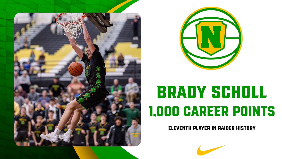NRRaidersMBB's tweet photo. Congratulations to senior Brady Scholl for eclipsing 1,000 career points in today’s win over Merrillville!

Brady becomes the 11th player in Northridge boys basketball history to achieve this feat. https://t.co/mp5karcn7o