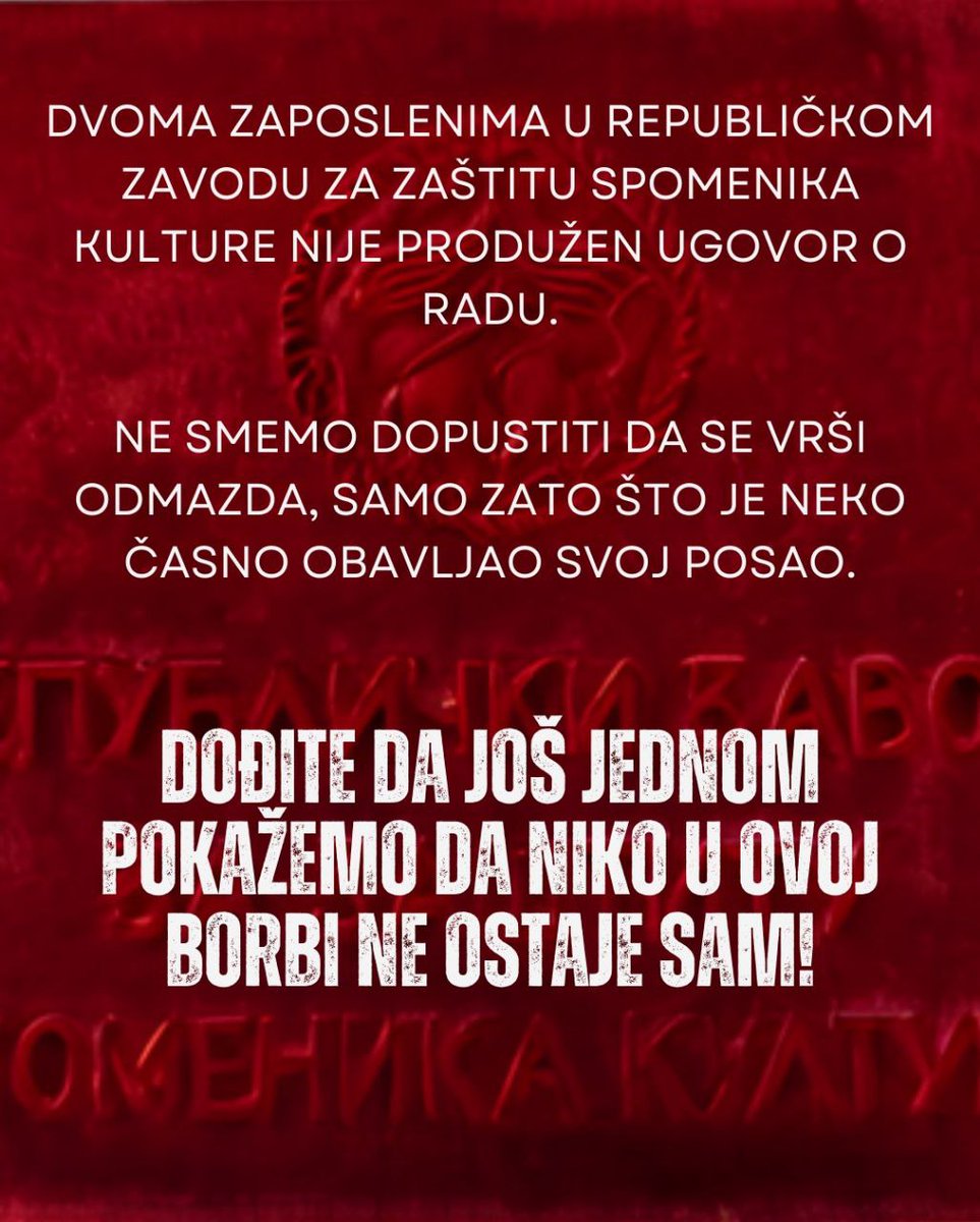 Sutra u 14 č, podrška zaposlenima u Zavodu za zaštitu spomenika kulture, Radoslava Grujića 11.
Odmazda na delu!
Ako možete, dođite da pokažemo da niko nije sam!