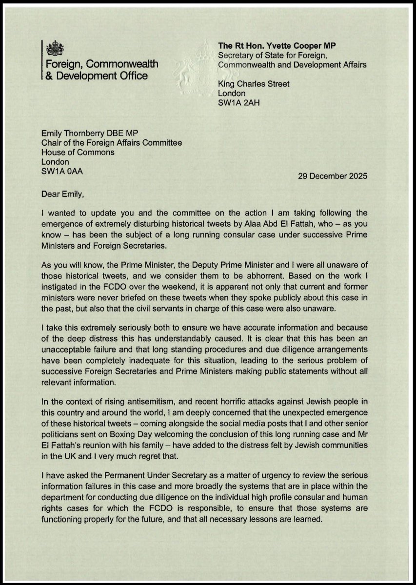 YvetteCooperMP's tweet image. I have written to the Chair of the Foreign Affairs Committee about the long-standing and deeply regrettable information failures exposed in recent days around the handling of consular cases, and how we intend to address them.