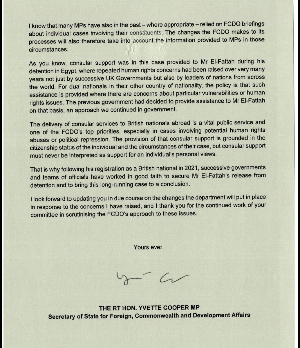 YvetteCooperMP's tweet image. I have written to the Chair of the Foreign Affairs Committee about the long-standing and deeply regrettable information failures exposed in recent days around the handling of consular cases, and how we intend to address them.
