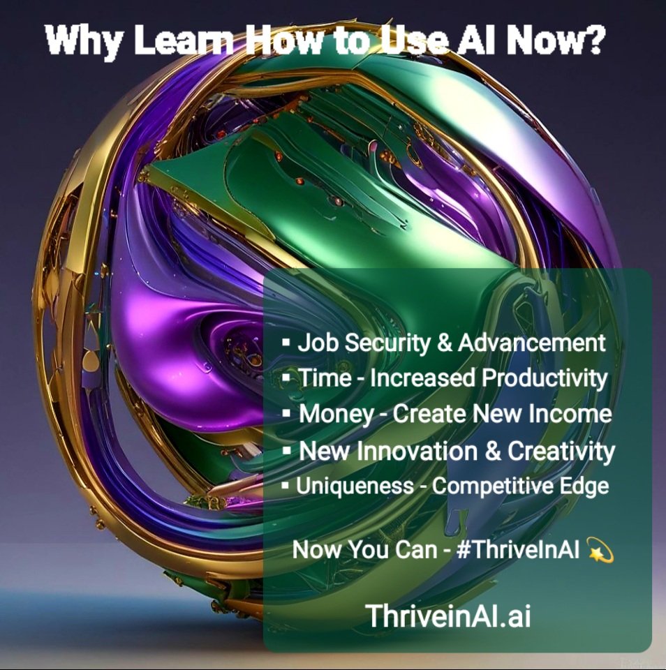 #SuccessTRAIN
Now You Can - #ThriveInAI 💫 
#NEWBook >
amzn.to/4eVUokC

Why Learn How to Use AI Now?
▪︎Job Security &amp; Advancement
▪︎Time - Increased Productivity 
▪︎Money - Create New Income
▪︎New Innovation &amp; Creativity
▪︎Uniqueness - Competitive Edge