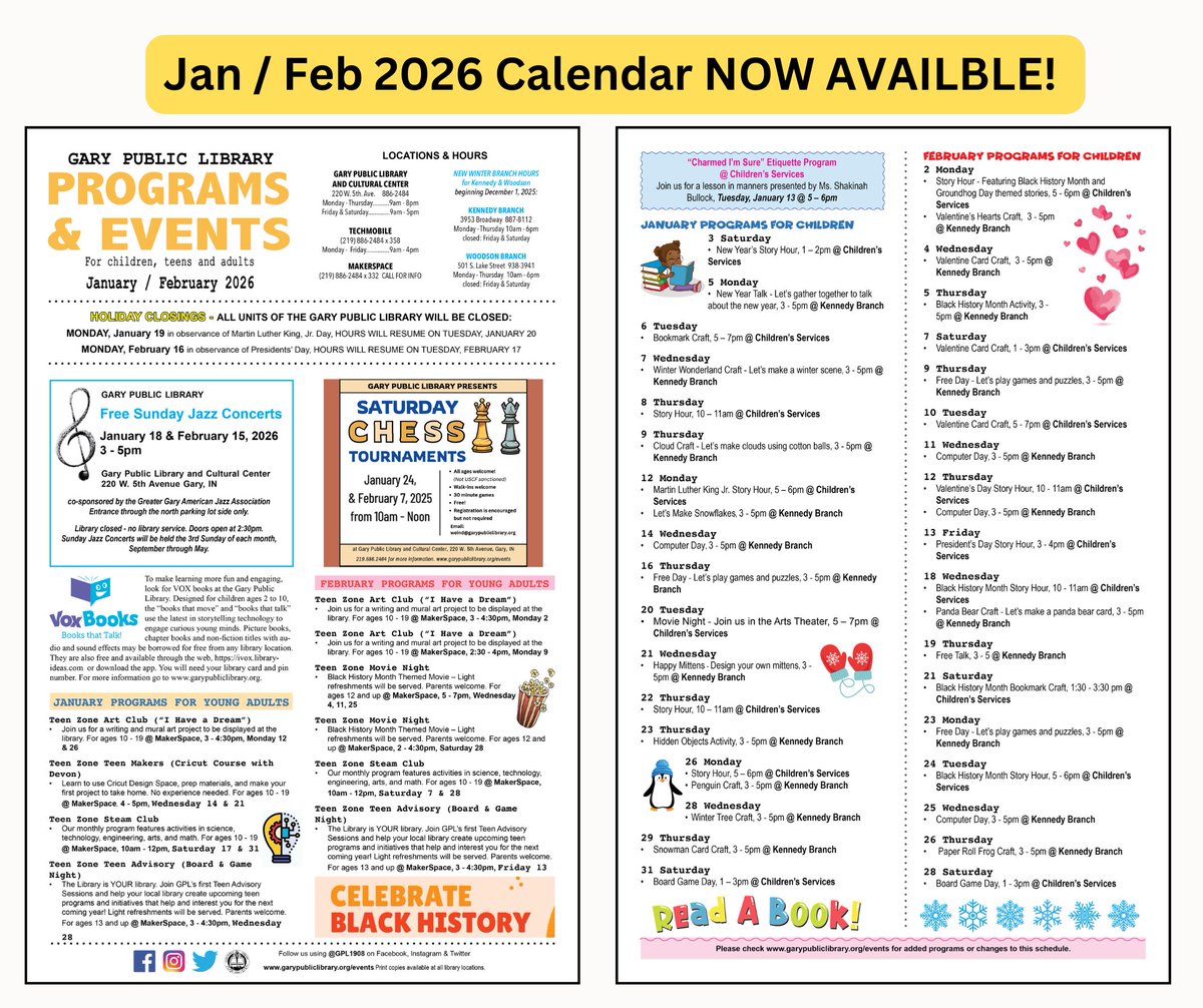 Print a calendar - garypubliclibrary.org/events-calenda…
See the day by day schedule - garypubliclibrary.org/events/