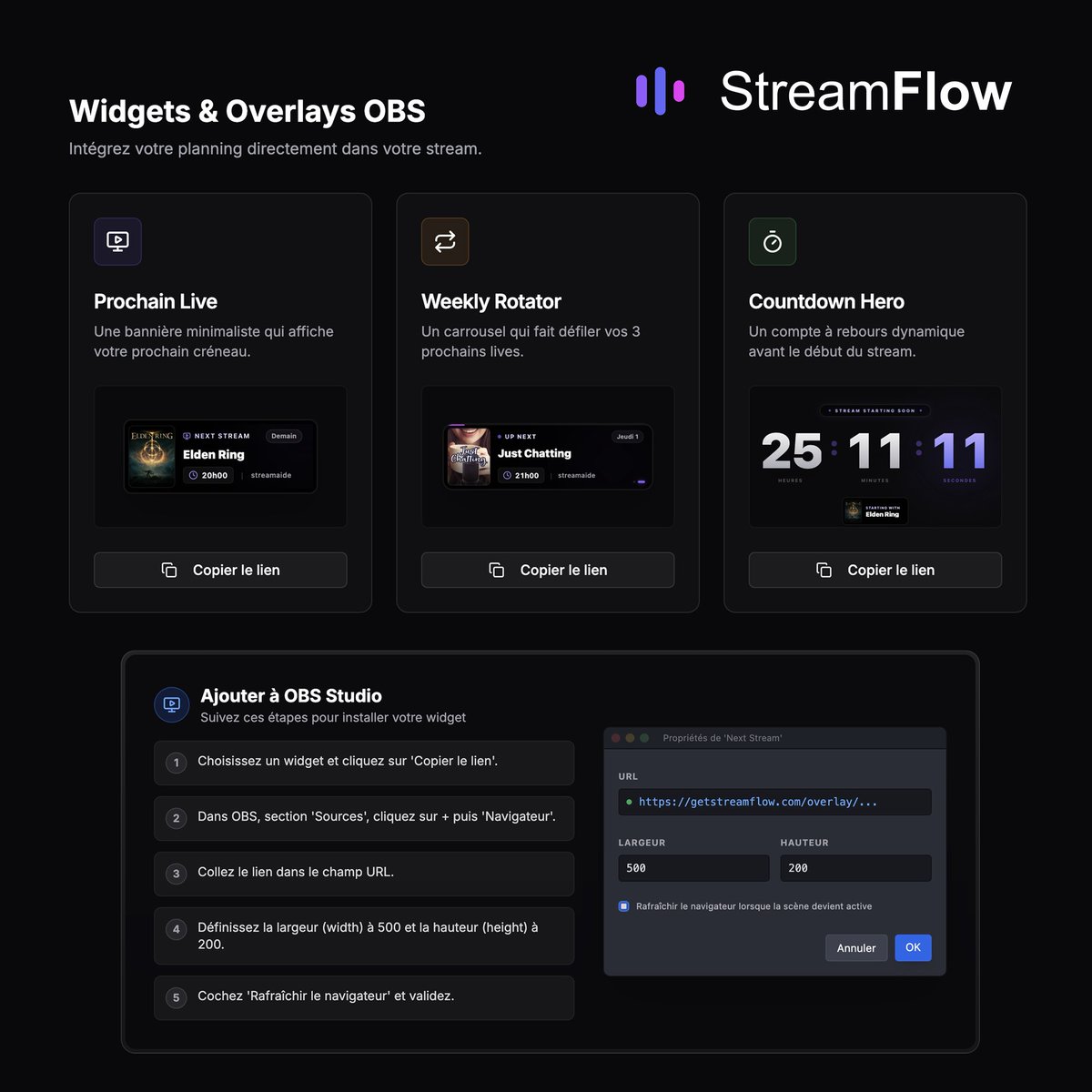 GetStreamFlow's tweet image. 🚀 Mise à jour StreamFlow

Le site évolue avec une expérience plus fluide, un planning optimisé (desktop &amp;amp; mobile) et l’intégration de nouveaux widgets OBS pour afficher vos prochains streams.

👉 getstreamflow.com

#StreamFlow #Twitch #Streaming