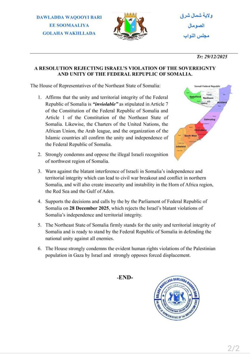 North east state of somali pass a resolution rejecting Israel violation  somali unity.
