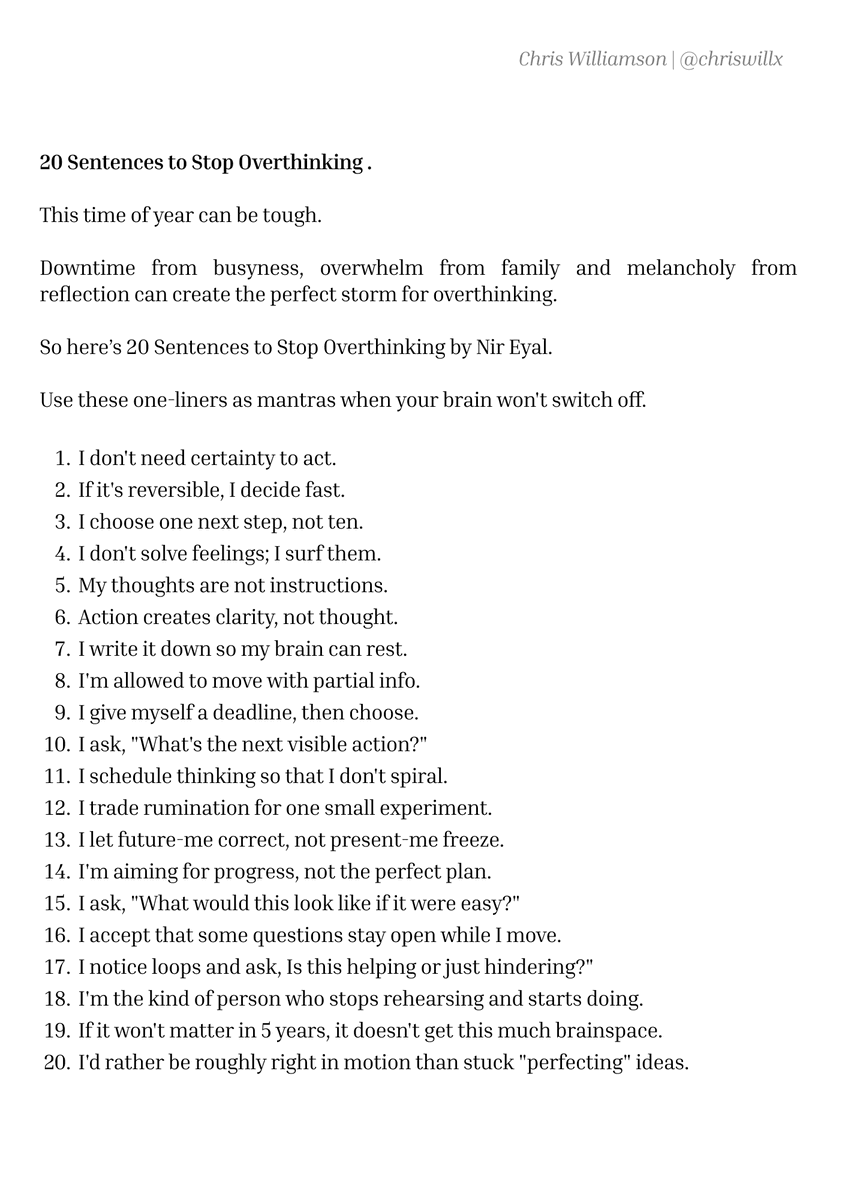 ChrisWillx's tweet photo. 20 Sentences to Stop Overthinking . https://t.co/m9K978nujA