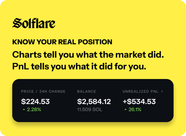 solflare's tweet image. PnL isn't just a simple daily price change feature, as some DApps portray it.

That's not data you can rely on for real decisions.

Stay ahead with all-time PnL on Solflare, available on both extension &amp;amp; app.