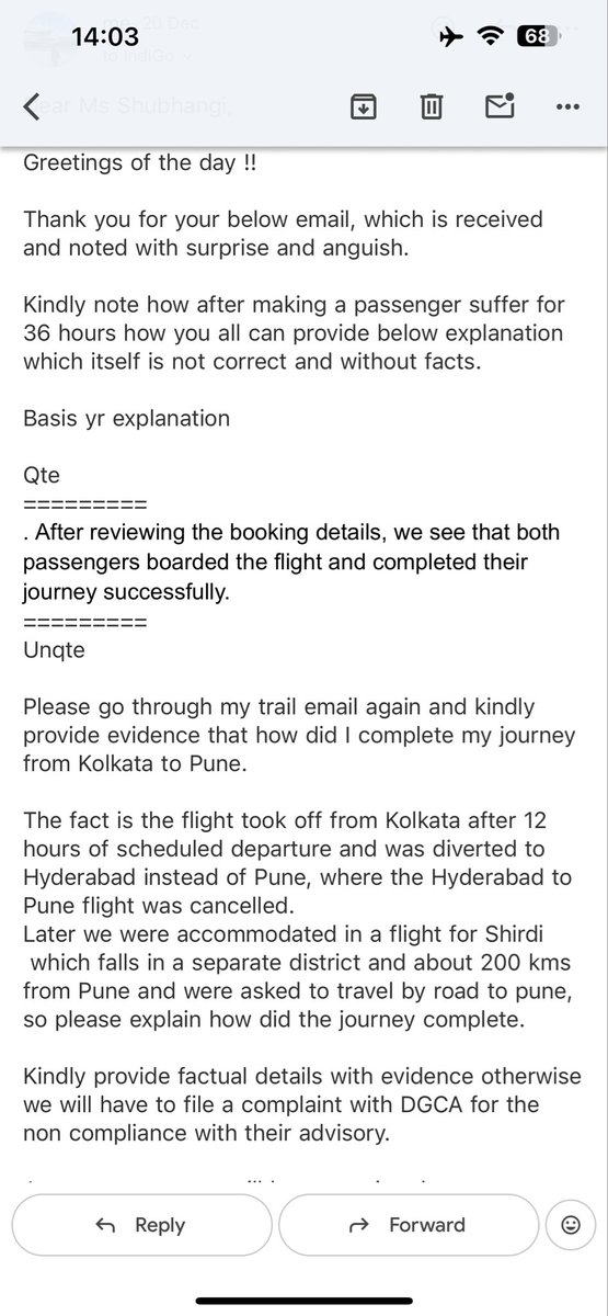 2617Chandra's tweet photo. @DGCAIndia @IndiGo6E Pathetic Customer handling and avoiding responsibility and liability by indigo for the trouble, hassles experienced during 4th dec flight from CCU to PNQ. Claimed for the voucher and compensation as per govt, instead bluntly denying and misleading. https://t.co/zRgwdsLYjk