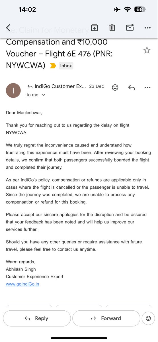 2617Chandra's tweet photo. @DGCAIndia @IndiGo6E Pathetic Customer handling and avoiding responsibility and liability by indigo for the trouble, hassles experienced during 4th dec flight from CCU to PNQ. Claimed for the voucher and compensation as per govt, instead bluntly denying and misleading. https://t.co/zRgwdsLYjk